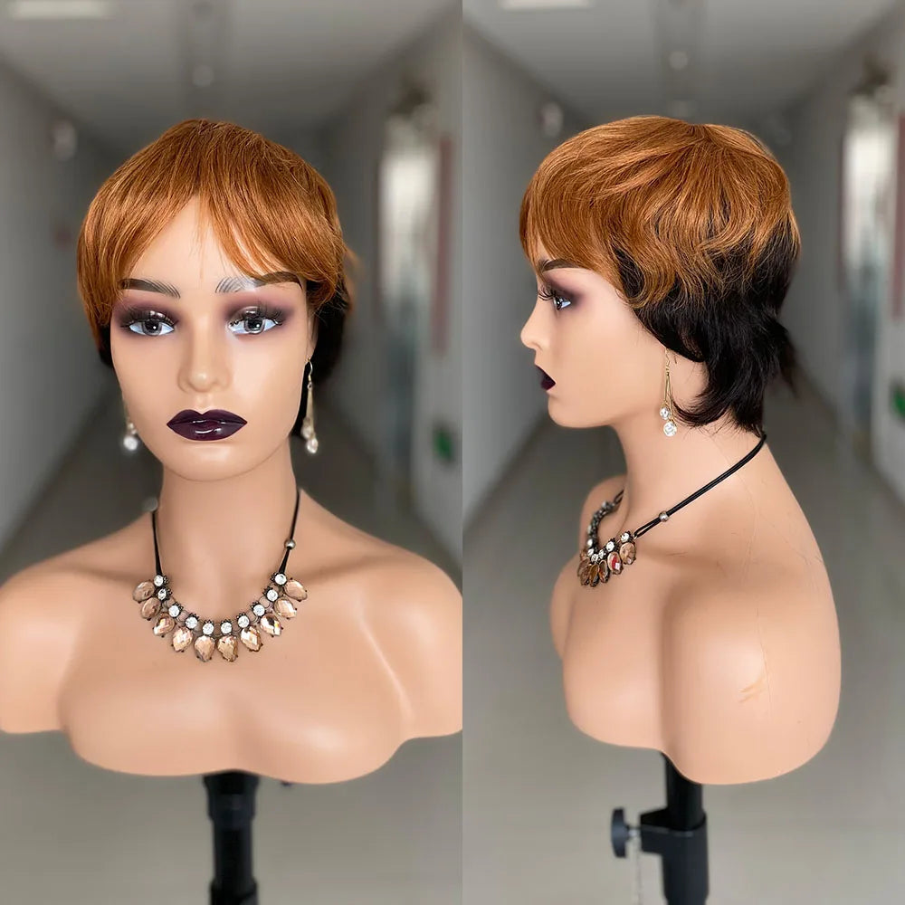 Perruques courtes en cheveux humains, coupe Pixie, perruque brésilienne droite pour femmes noires, perruques entièrement fabriquées à la machine avec frange