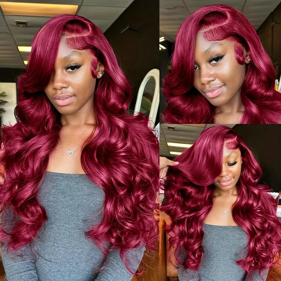 Perruques de cheveux humains avec dentelle frontale HD 99J Bordeaux 13x6, perruque ondulée rouge transparente colorée, fermeture 4x4 5x5 pour femmes