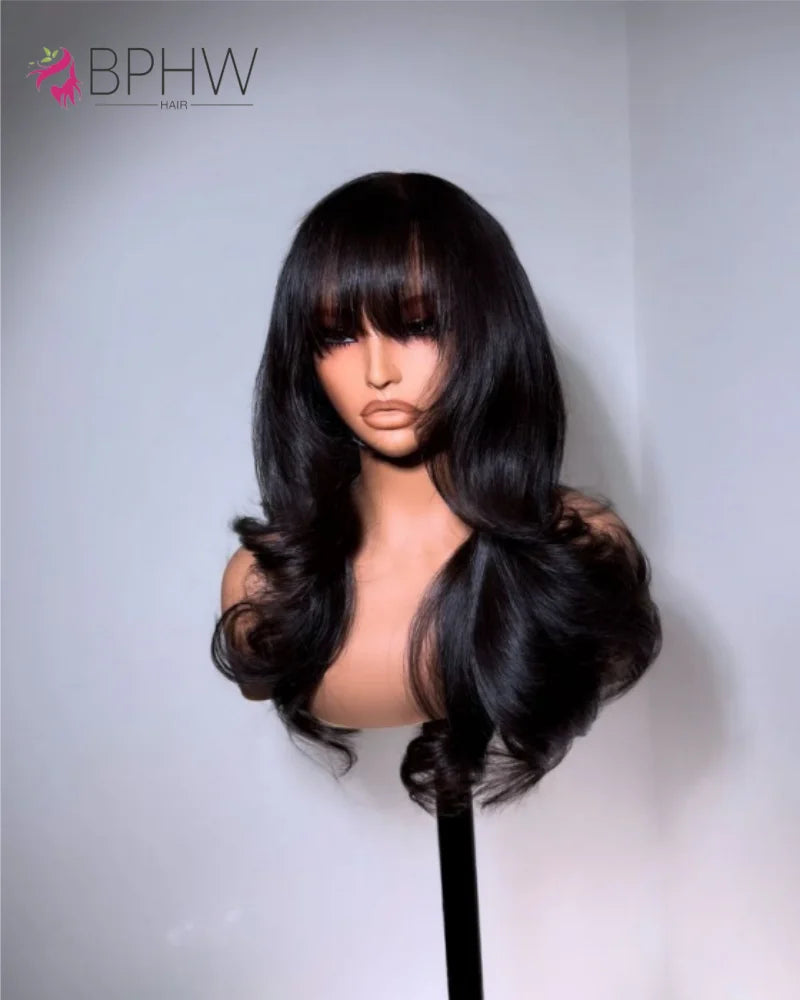 Perruques de cheveux humains ondulés de 30 pouces avec frange, coupe courte au carré, densité 180 %, perruque brésilienne Remy entièrement fabriquée à la machine pour femmes