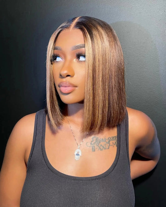 Perruque Bob 13x4, cheveux Remy lisses, ombré, mèches 4/27, perruques en cheveux humains, dentelle transparente sur le devant, pour femmes noires
