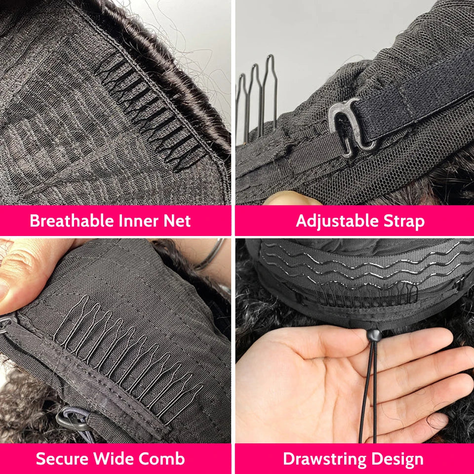 Perruques sans colle, demi-perruques afro bouclées, densité 250, cheveux humains, 3 en 1, avec cordon de serrage, clips sans couture