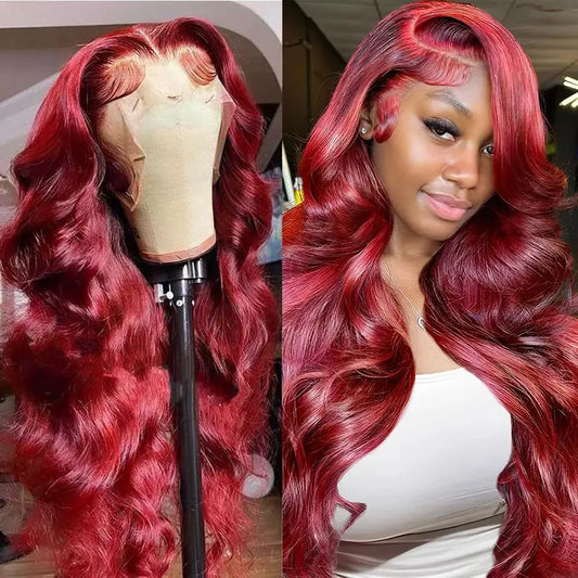 Perruques de cheveux humains avec dentelle frontale HD 99J Bordeaux 13x6, perruque ondulée rouge transparente colorée, fermeture 4x4 5x5 pour femmes