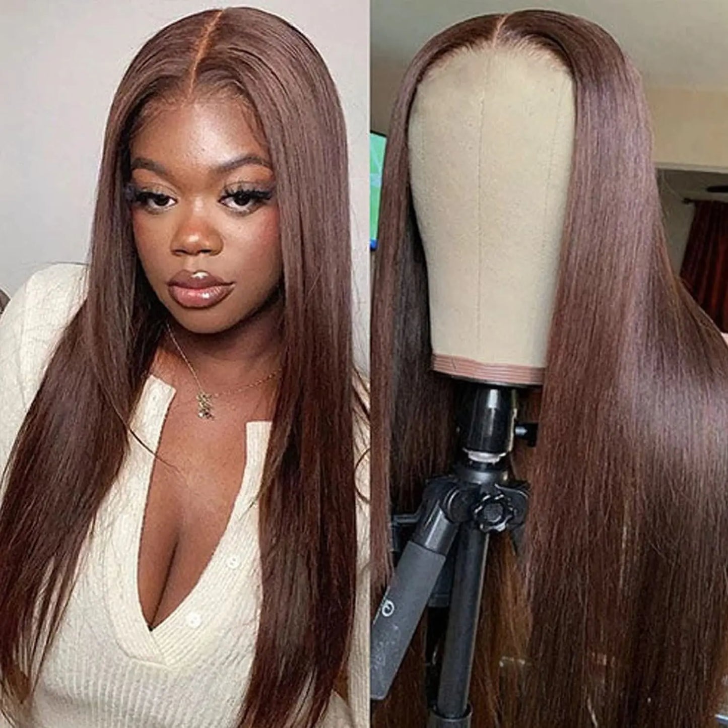 Perruque lisse marron chocolat Wear And Go n°4, 10 x 10, cheveux humains, sans colle, avec dentelle transparente, pré-découpée et pré-épilée.