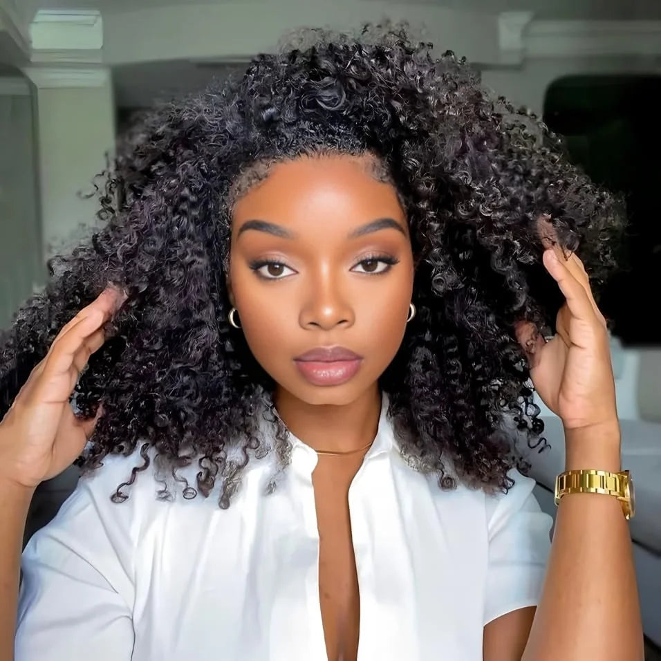 Perruques sans colle, demi-perruques afro bouclées, densité 250, cheveux humains, 3 en 1, avec cordon de serrage, clips sans couture