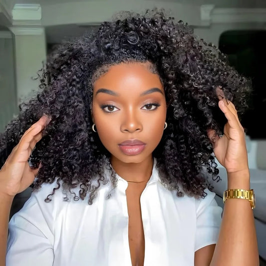 Perruques sans colle, demi-perruques afro bouclées, densité 250, cheveux humains, 3 en 1, avec cordon de serrage, clips sans couture