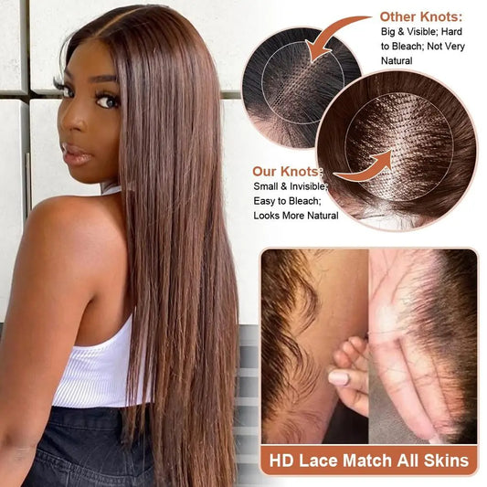 Perruque lisse marron chocolat Wear And Go n°4, 10 x 10, cheveux humains, sans colle, avec dentelle transparente, pré-découpée et pré-épilée.