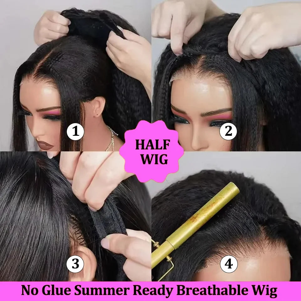 Perruque demi-perruque 3 en 1, cheveux humains crépus et raides, à porter et à emporter, sans colle, avec bandeau, cheveux humains vierges