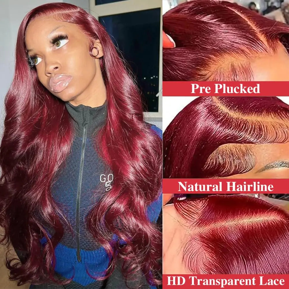 Perruques de cheveux humains avec dentelle frontale HD 99J Bordeaux 13x6, perruque ondulée rouge transparente colorée, fermeture 4x4 5x5 pour femmes