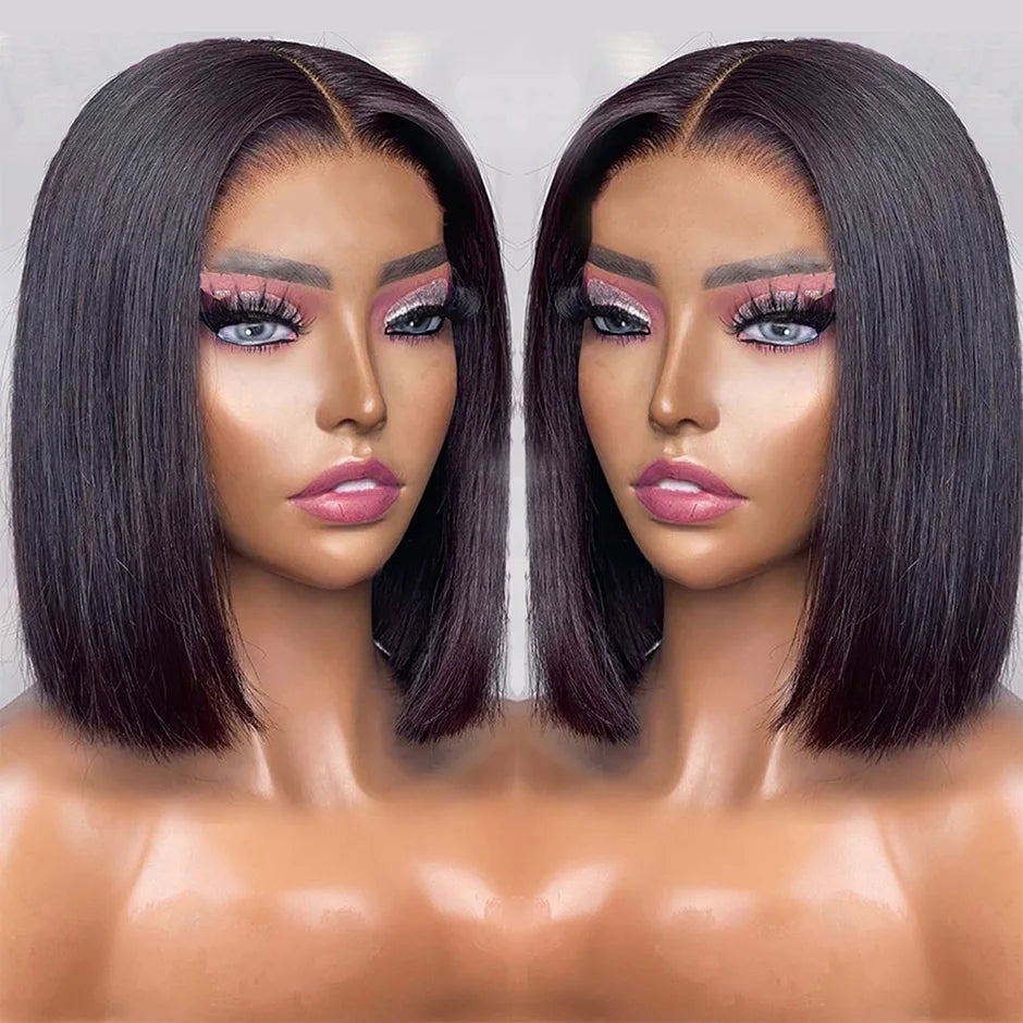 Perruques Bob pour femmes, 180 % cheveux humains lisses, sans colle, prêtes à porter, prédécoupées, avec dentelle frontale