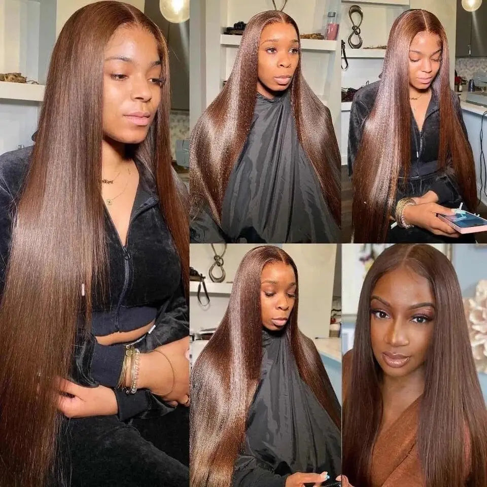 Perruque lisse marron chocolat Wear And Go n°4, 10 x 10, cheveux humains, sans colle, avec dentelle transparente, pré-découpée et pré-épilée.