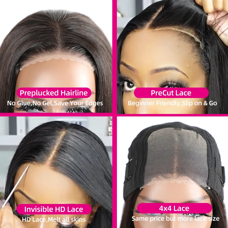 Perruques Bob pour femmes, 180 % cheveux humains lisses, sans colle, prêtes à porter, prédécoupées, avec dentelle frontale