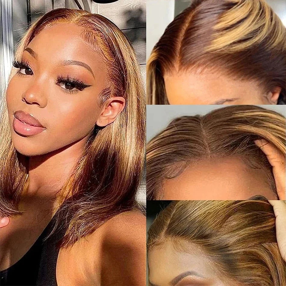 Perruque Bob 13x4, cheveux Remy lisses, ombré, mèches 4/27, perruques en cheveux humains, dentelle transparente sur le devant, pour femmes noires