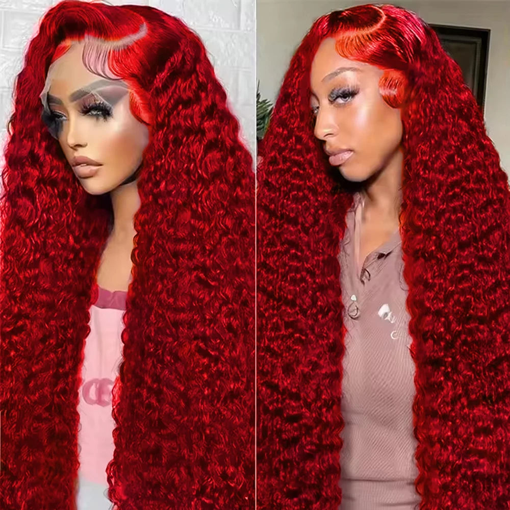Perruques en cheveux humains ondulés profonds, rouge vif, densité 250, 13x4, 13x6, perruques en cheveux bruts, perruques colorées, 13x4