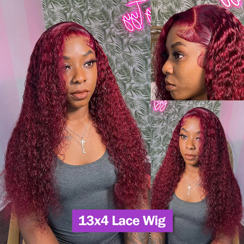 Perruque de cheveux humains avec dentelle frontale HD 13x6 bordeaux 99J de 40 pouces, perruque Remy de couleur rouge, perruque frontale bouclée en dentelle transparente 13x4, perruque frontale ondulée profonde