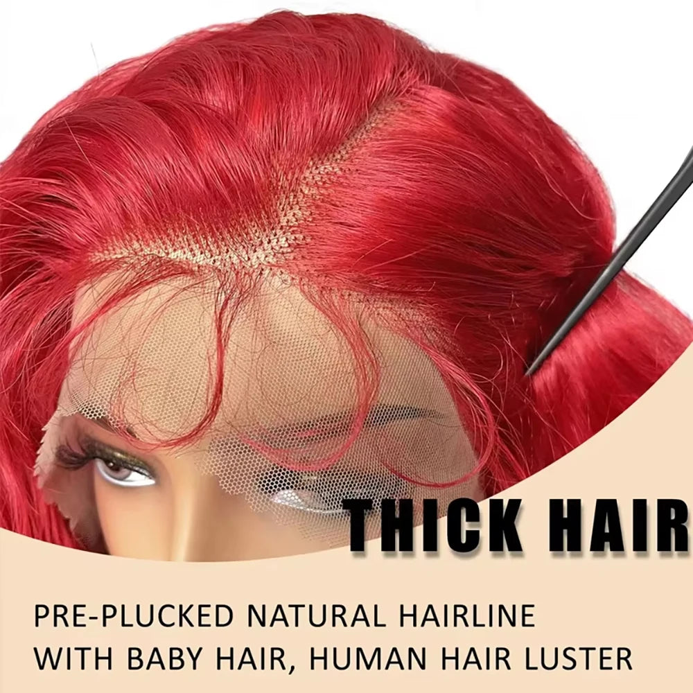 Perruques en cheveux humains ondulés profonds, rouge vif, densité 250, 13x4, 13x6, perruques en cheveux bruts, perruques colorées, 13x4
