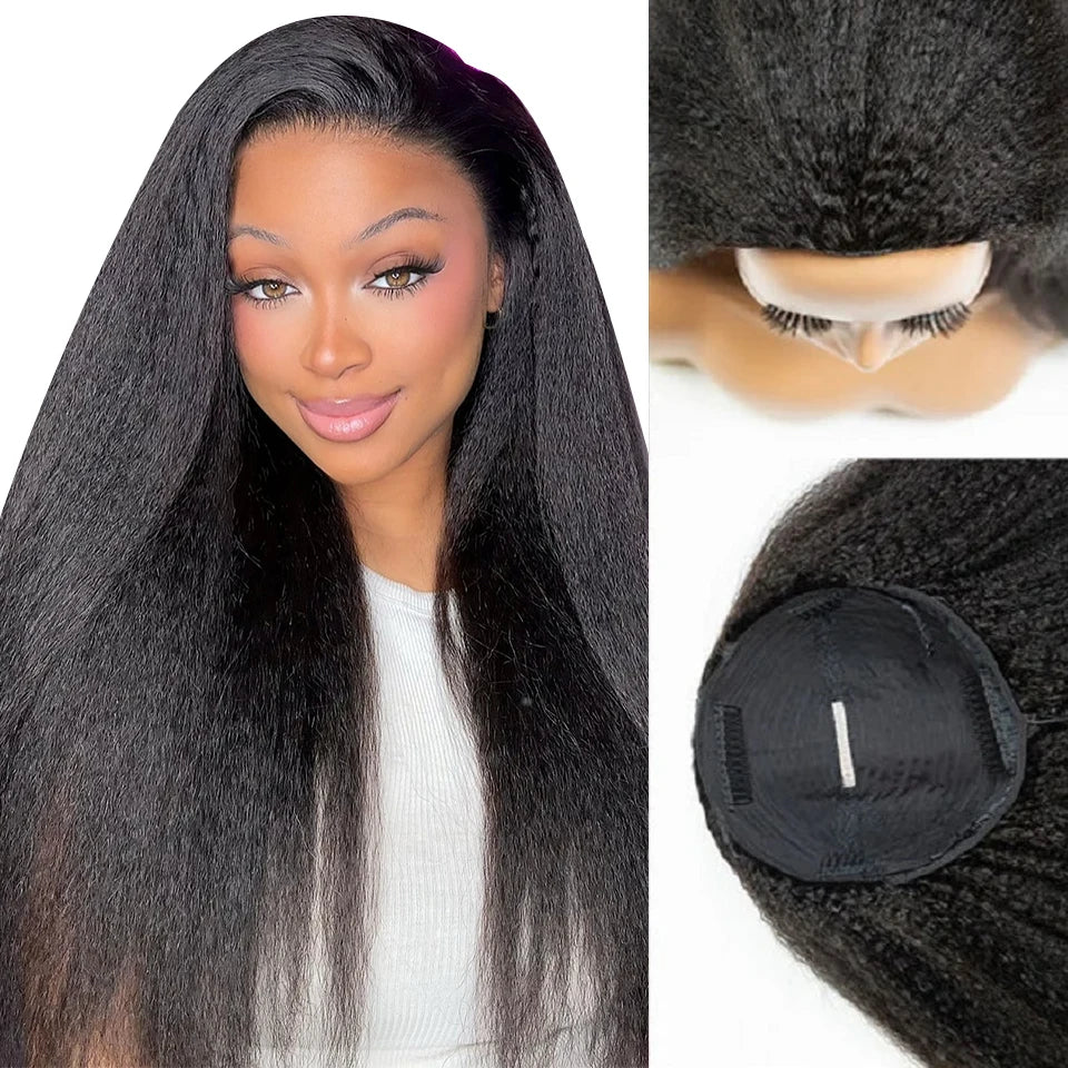 Demi-perruques crépues lisses sans colle, cheveux humains améliorés 3 en 1, demi-perruque avec cordon de serrage, clips sans couture, retournement