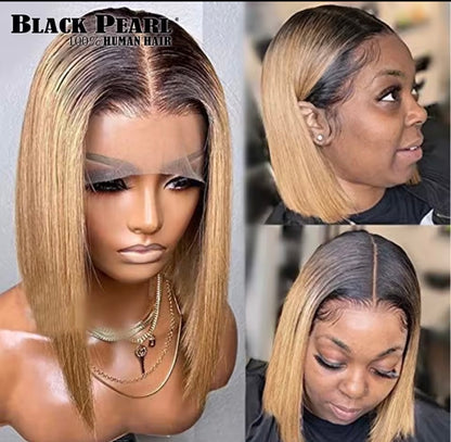 Perruque BOB Frontal naturelle lisse ombré, blond miel , perruque lace front wig pour femme