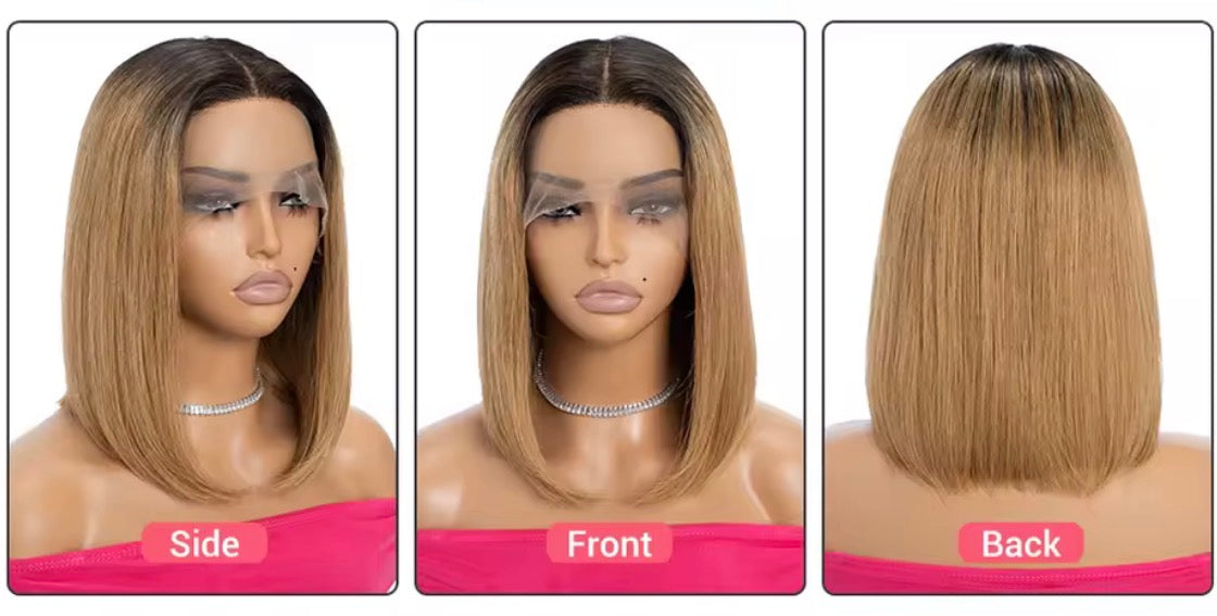 Perruque BOB Frontal naturelle lisse ombré, blond miel , perruque lace front wig pour femme