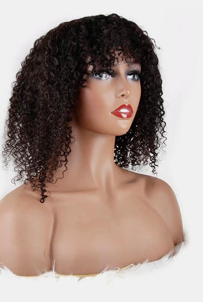 Perruque courte à coudre avec frange, cheveux humains, style mongol bouclé, fabriquée à la machine, pour femmes