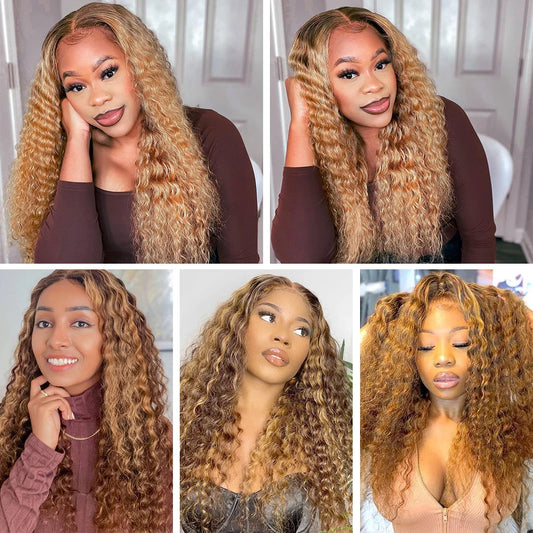 Perruque Deep Wave Ombre Front 4/27 avec mèches, cheveux humains, perruque brésilienne Deep Wave Lace 4x4 pour femmes