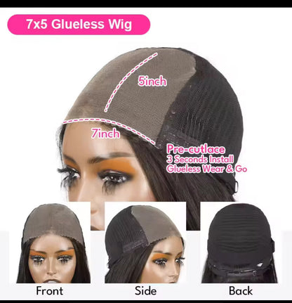 Perruques sans colle, cheveux humains, prêtes à porter, lisses, pré-épilées, à porter et à emporter, 7x5 HD, dentelle frontale prédécoupée