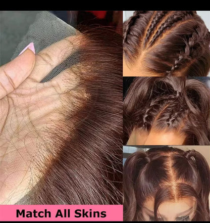 Perruques cheveux naturels, lisses, sans colle, brun chocolat, avec lace front, prêtes à porter, 10x10, pour femmes