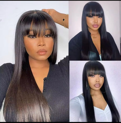 Perruques en cheveux humains raides, fabriquées à la machine & fabriquées à la main, de style malaisien, avec frange, couleur naturelle, sans colle, pour femmes