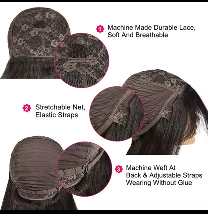 Perruques en cheveux humains raides, fabriquées à la machine & fabriquées à la main, de style malaisien, avec frange, couleur naturelle, sans colle, pour femmes