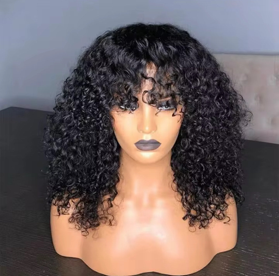 Perruque courte à coudre avec frange, cheveux humains, style mongol bouclé, fabriquée à la machine, pour femmes