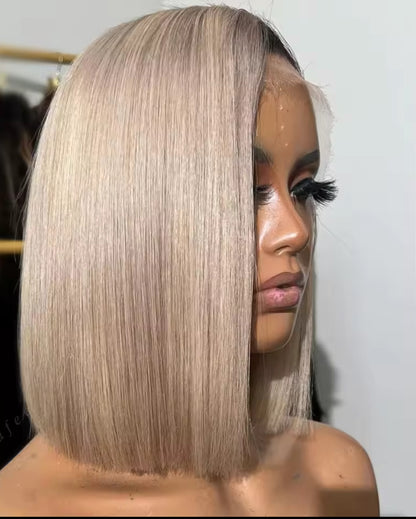 Perruque Lace Front Wig 13x4, cheveux humains, coupe courte, blond cendré, transparente, densité 180 %, pour femmes