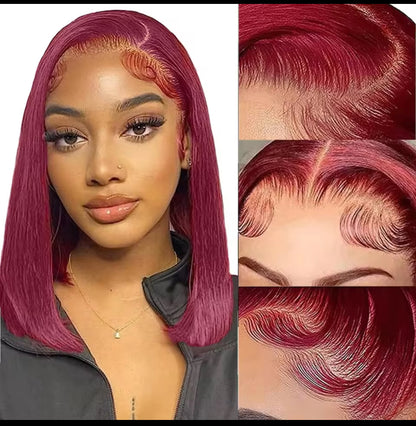 Perruque Lace Front Wig 100% Naturelle brésilienne , Cheveux lisses , bordeaux 99J dégradée , 13X4 Vin rouge pour Femmes