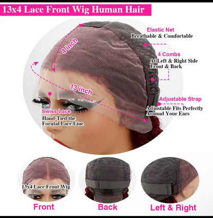 Perruque Lace Front Wig 100% Naturelle brésilienne , Cheveux lisses , bordeaux 99J dégradée , 13X4 Vin rouge pour Femmes