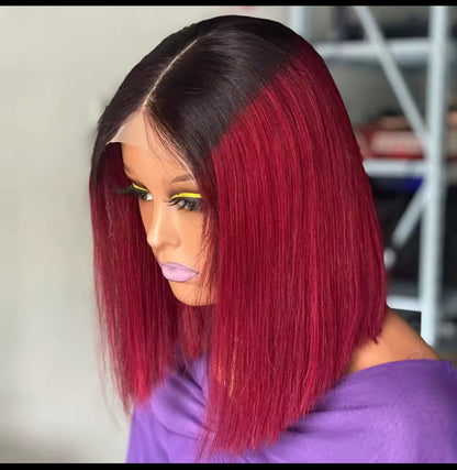 Cheveux humains Court Bob Perruque densité 180% Ombre 1B 99J deux tons Vin rouge Bourgogne 13X4 Lace Front Perruque Pour Femme