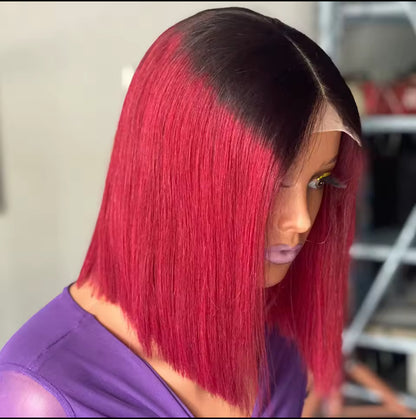Cheveux humains Court Bob Perruque densité 180% Ombre 1B 99J deux tons Vin rouge Bourgogne 13X4 Lace Front Perruque Pour Femme