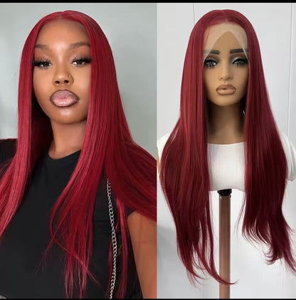 Perruque Lace Frontal Wig naturelle bordeaux dentelle transparente , cheveux lisses, rouge, 13x4, couleur 99J, densité 200, pour femmes