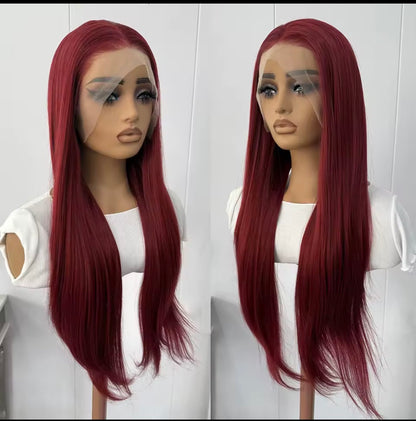 Perruque Lace Frontal Wig naturelle bordeaux dentelle transparente , cheveux lisses, rouge, 13x4, couleur 99J, densité 200, pour femmes