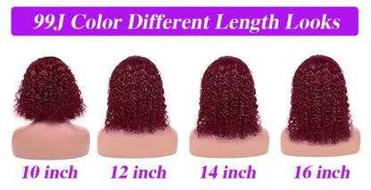 Perruque Lace front Wig Bouclée Bordeaux 99J , Cheveux Humains , 13X4 , Pre-Plucked , Densité 150% Pour femme