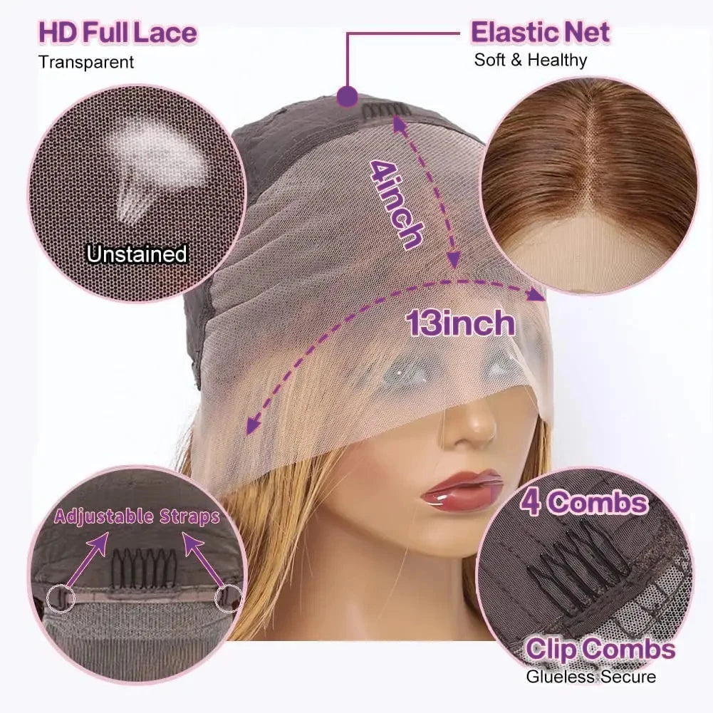 Perruques courtes à reflets colorés, ondulées, 13x4, avec dentelle frontale, cheveux humains brésiliens, bouclés et ombrés