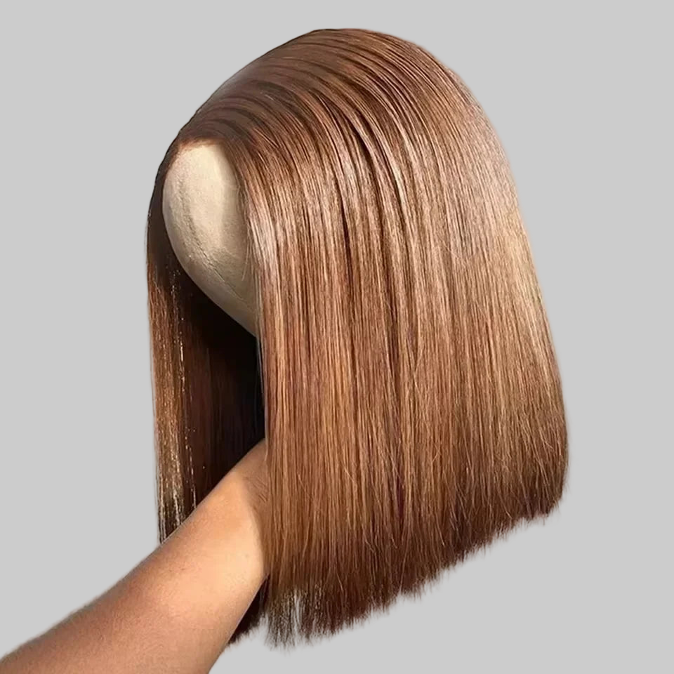 Perruque courte bob Wear Go, marron chocolat, lace front, bob raide ,perruques en cheveux humains pré-épilées et sans colle, prêtes à porter