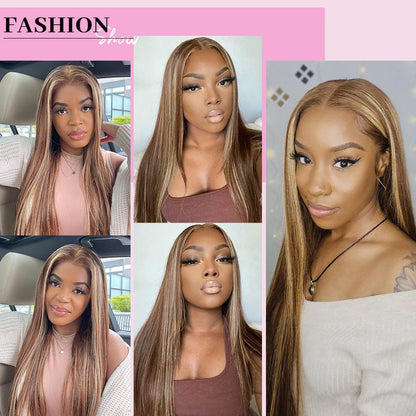 Perruque Highlight Straight 13x4 Lace Front en cheveux humains, perruque avec fermeture en dentelle 4x4, perruque ombrée péruvienne