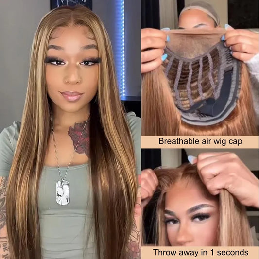 Perruque sans colle avec mèches, perruque lace front 4/27, perruque lisse blond miel, cheveux humains, closure lace front 6x4, perruques colorées, Wear Go