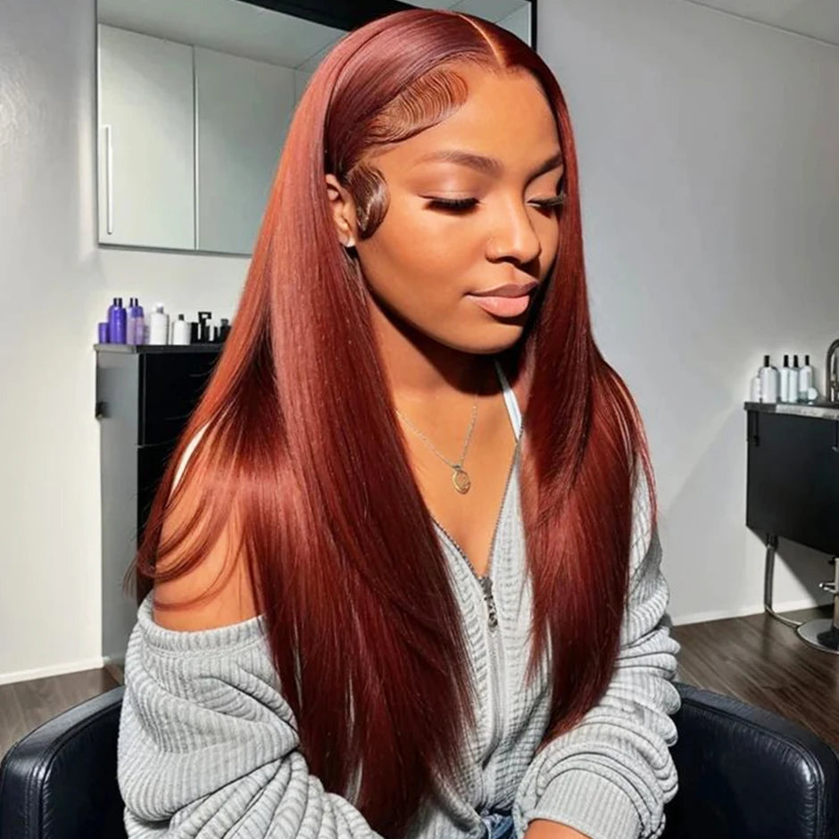 Perruque Brun roux n° 33, sans colle, 13x6, lisse, à lace frontale, pré-épilée, avec cordons invisibles, en cheveux humains.