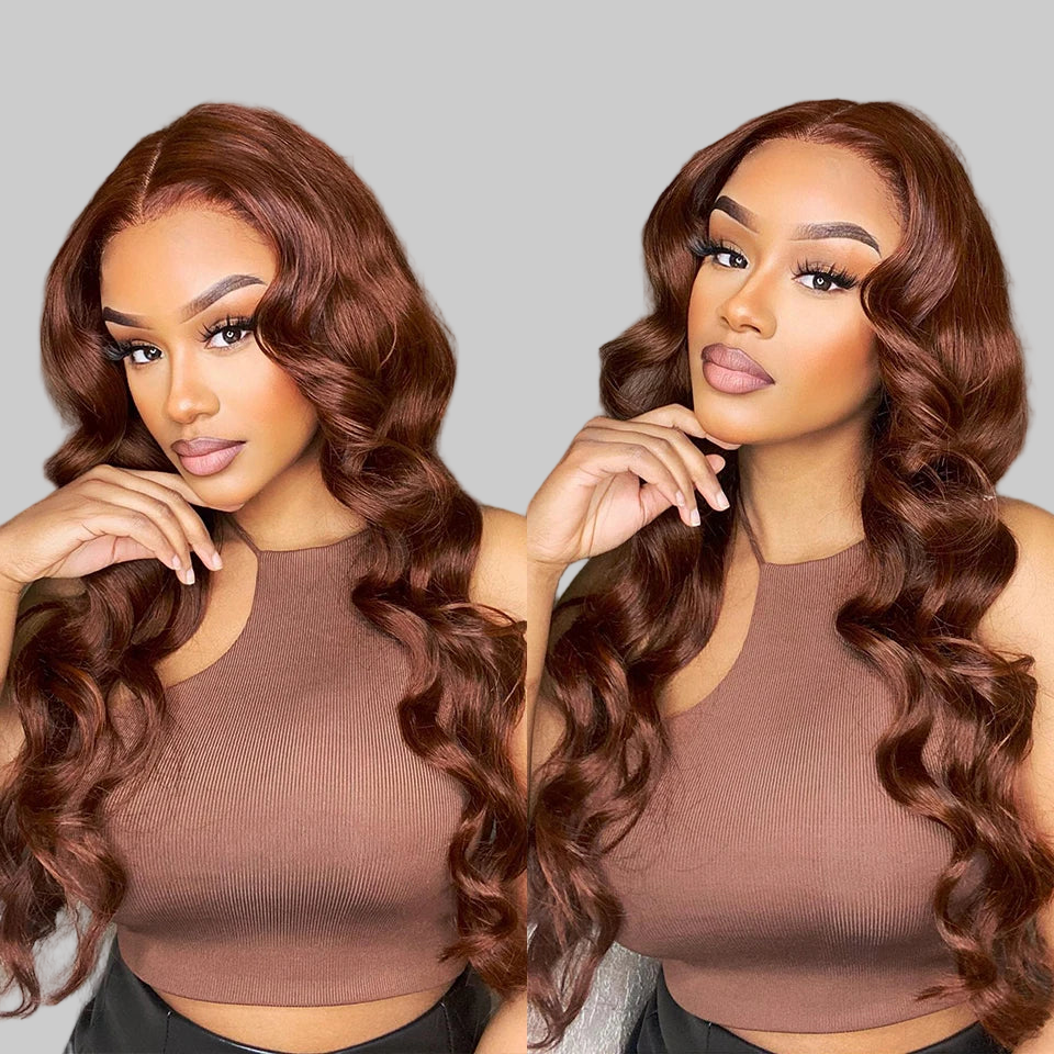 Perruque marron chocolat en cheveux humains pour femmes, perruque brésilienne ondulée avec lace front et fermeture en dentelle.