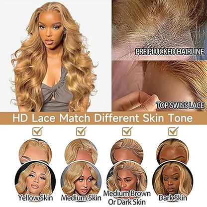 Perruque en cheveux humains ondulés colorés, prête à porter, pré-coupée et pré-épilée, sans colle, blond miel, avec lace front.