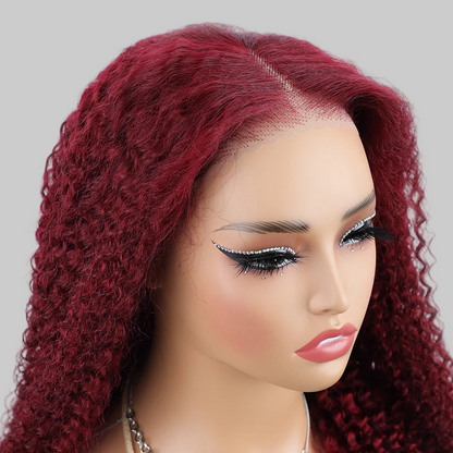 Perruque sans colle Wear And Go en cheveux humains pré-coupés Mongols crépus bouclés 99j Bordeaux 6x4 Lace, prête à porter