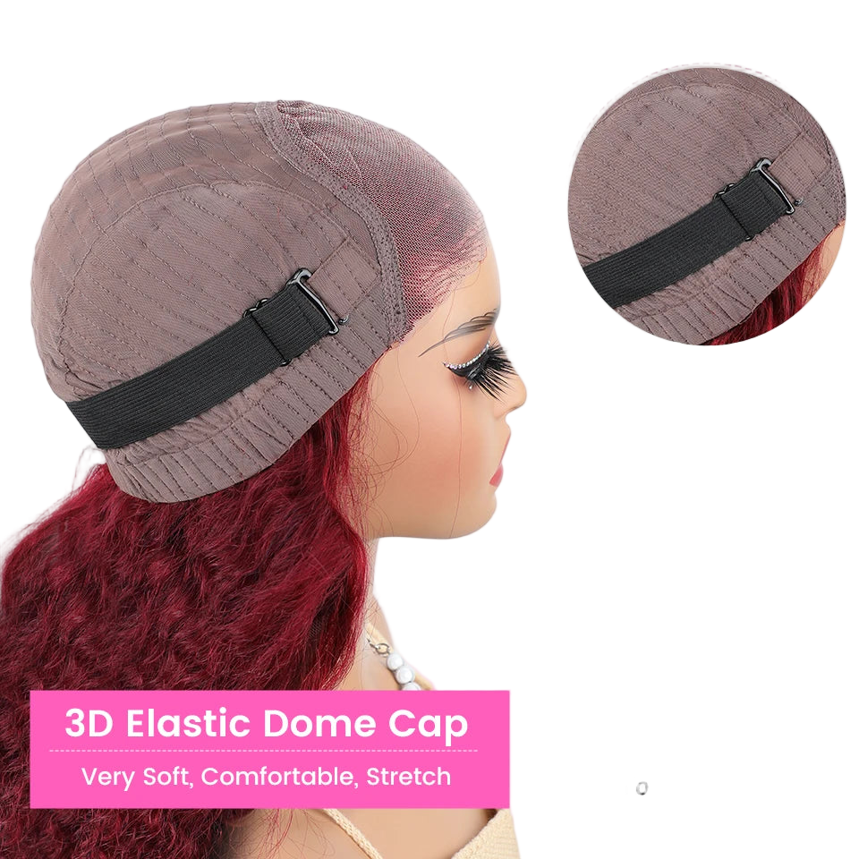 Perruque sans colle Wear And Go en cheveux humains pré-coupés Mongols crépus bouclés 99j Bordeaux 6x4 Lace, prête à porter