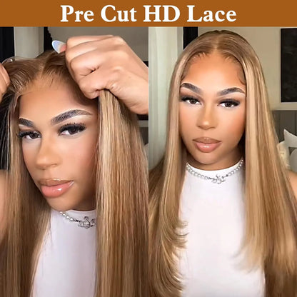Perruque sans colle avec mèches, perruque lace front 4/27, perruque lisse blond miel, cheveux humains, closure lace front 6x4, perruques colorées, Wear Go