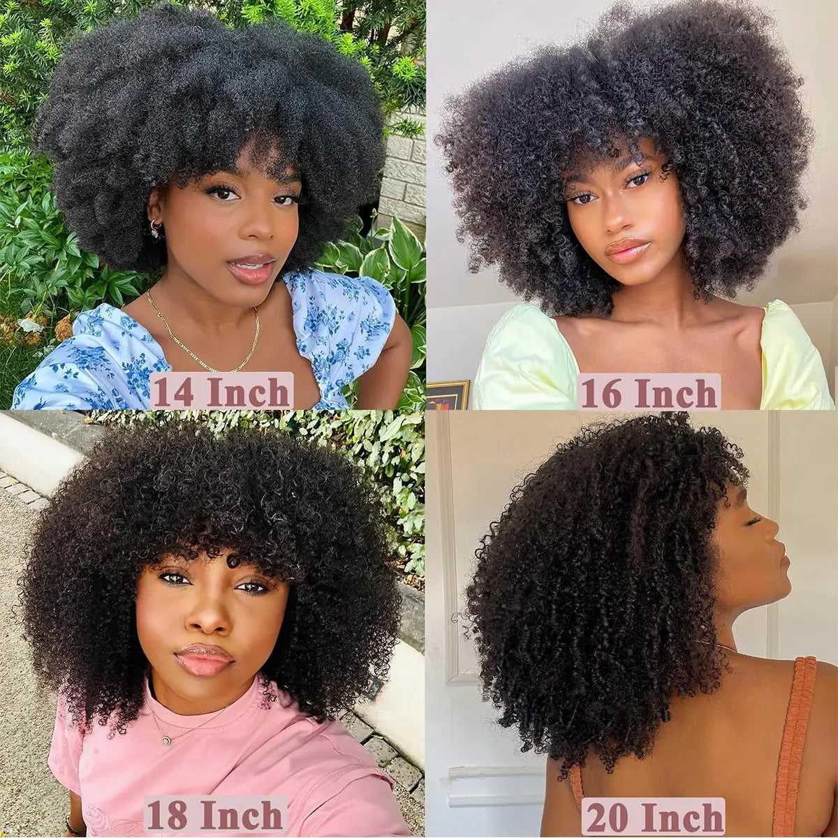 Perruques afro bouclées avec frange, densité 200 %, cheveux humains Remy, sans colle, pour femmes noires