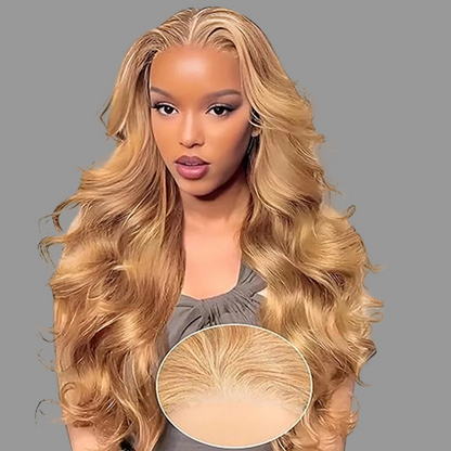 Perruque Lace Front Blond Miel Wear And Go, Cheveux Humains Couleur #27, Ondulée, Pré-épilée, HD, Sans Colle, Prête à Porter