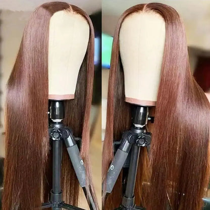 Perruques cheveux naturels, lisses, sans colle, brun chocolat, avec lace front, prêtes à porter, 10x10, pour femmes